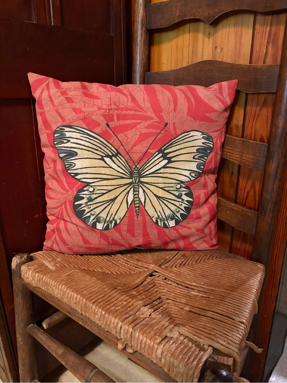 Decorative Butterfly Accent Pillow in Red and Cream